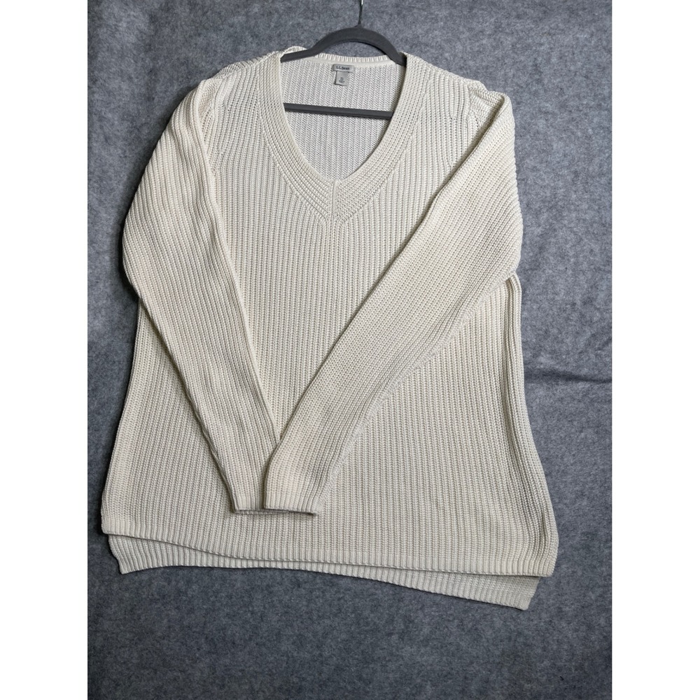 LL Bean Womens XL Cream Shaker Stitch V-Neck Pullover Sweater Off White Cotton